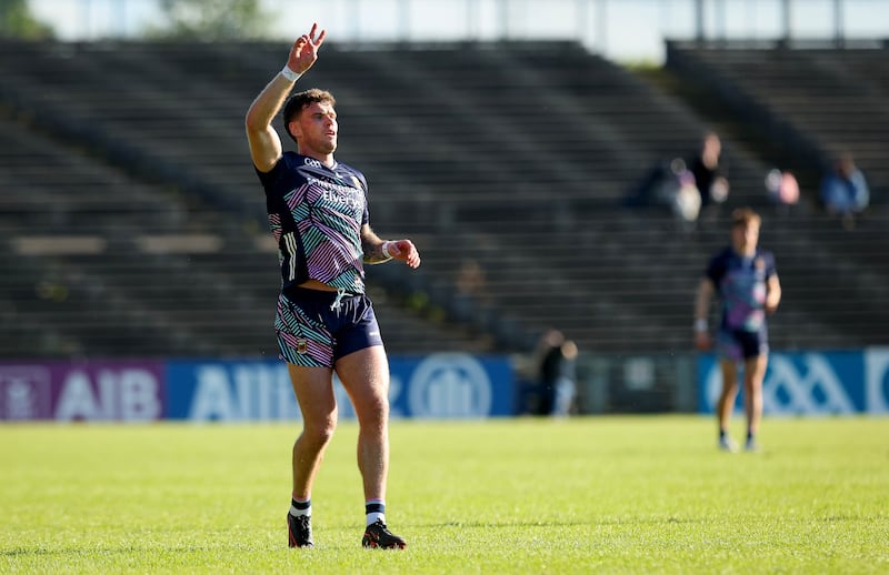 Mayo’s Jordan Flynn signals for a two-pointer. Photograph: Ryan Byrne/Inpho