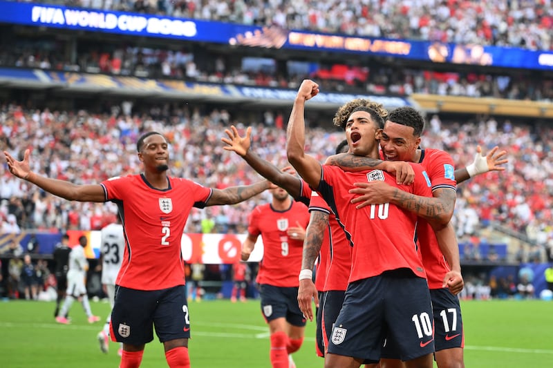 Jude Bellingham celebrates scoring England's opening goal against Panama on Saturday. Photograph: Angela Weiss/AFP via Getty Images