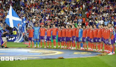 Scotland players prepare to sing the national anthem before their game against Haiti