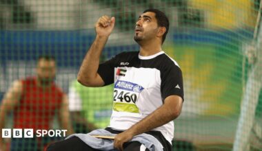 Abdullah Hayayei warming up in a shot put cage