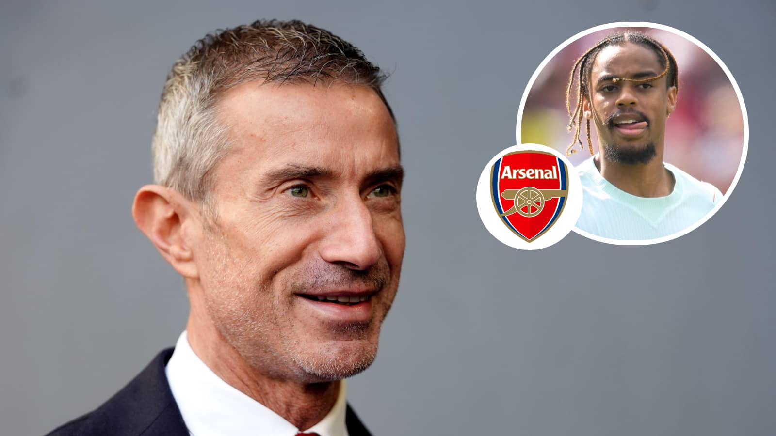 Andrea Berta with Bradley Barcola and Arsenal badge