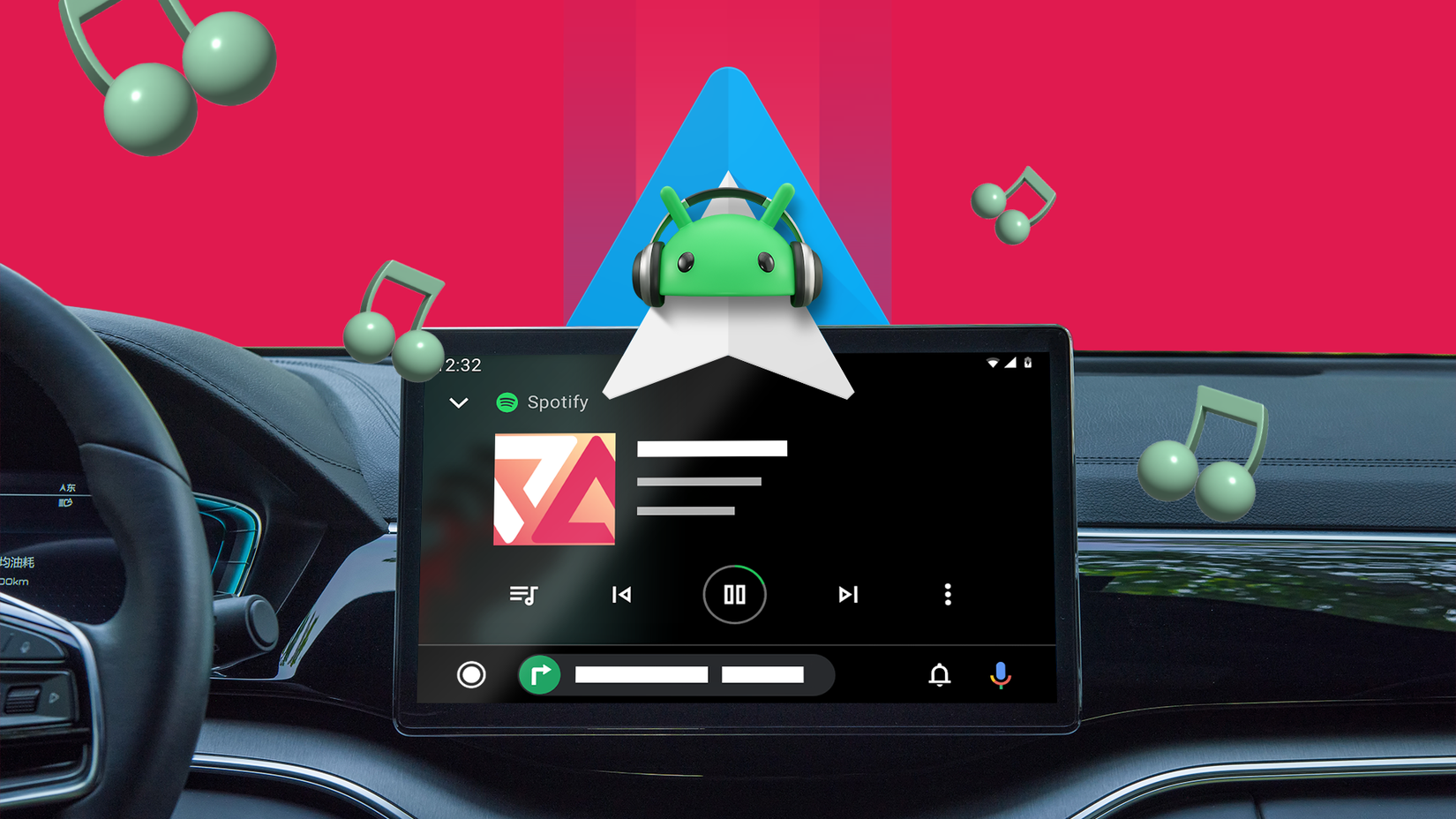 Android Auto interface showing Spotify playing on a car dashboard, with a 3D Android mascot wearing headphones and floating musical notes around.
