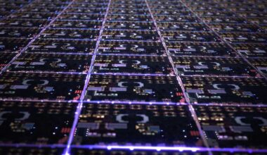 Apple showing hundreds of apple silicon chips on a wafer