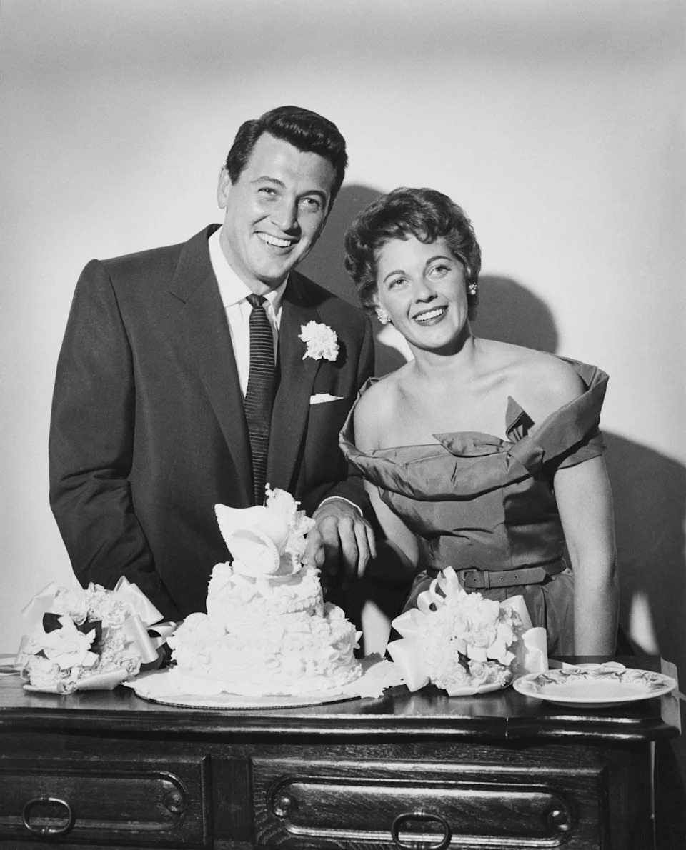 American actor Rock Hudson (1925 - 1985) with Phyllis Gates (1925 - 2006), on their wedding day, Santa Barbara, California, 9th November 1955.