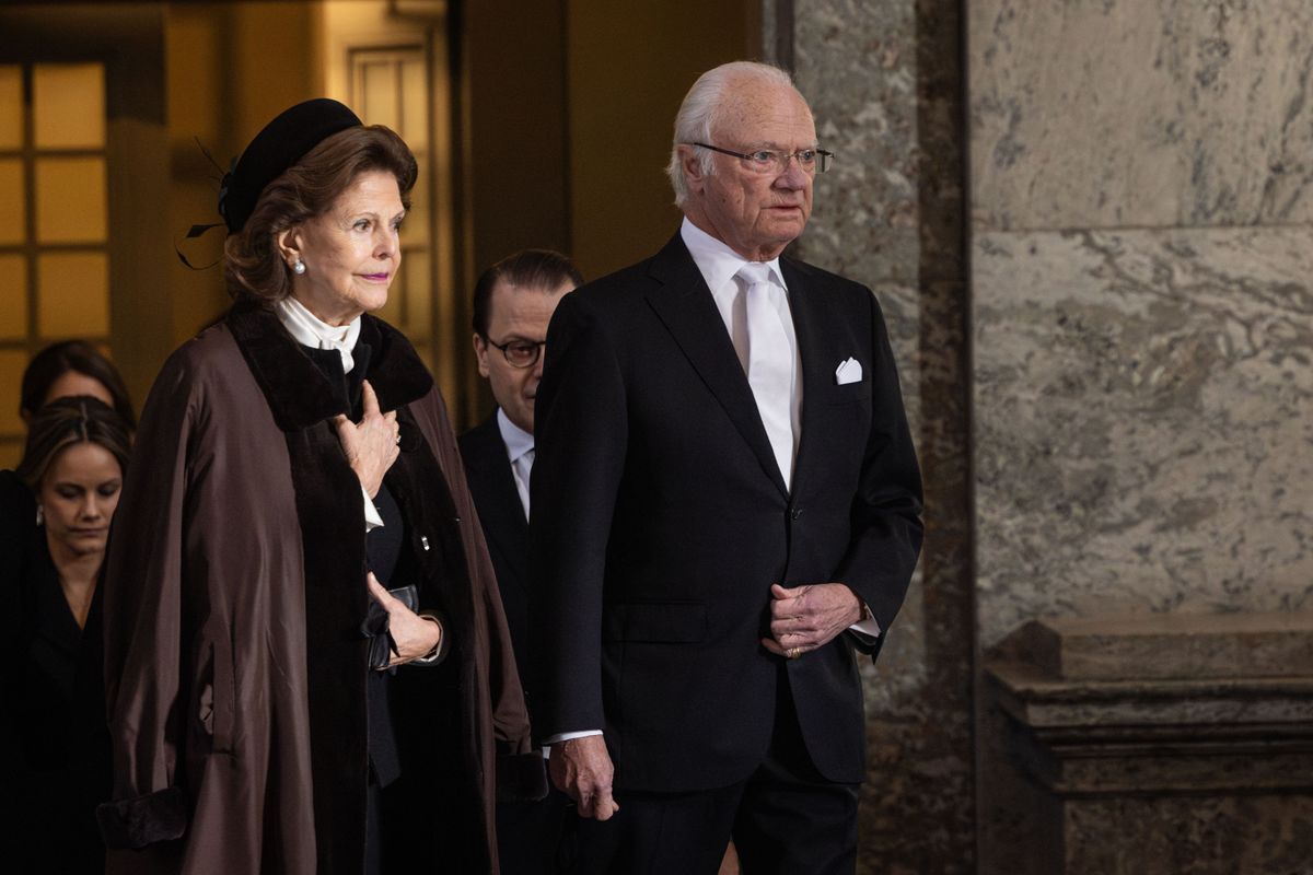 Queen Silvia of Sweden and King Carl XVI Gustaf of Sweden attend the funeral of Princess Desiree