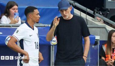 England head coach Thomas Tuchel speaks to Trent Alexander-Arnold on the touchline