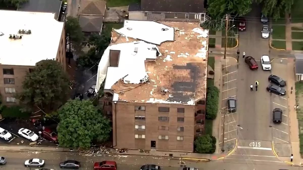 This frame grab from aerial video shows a building in Stickney, Illinois, after its roof was damaged by the severe storms that struck the Chicago area on Wednesday, June 10, 2026. (AP Photo/Courtesy WMAQ-TV in Chicago) TELEVISION OUT