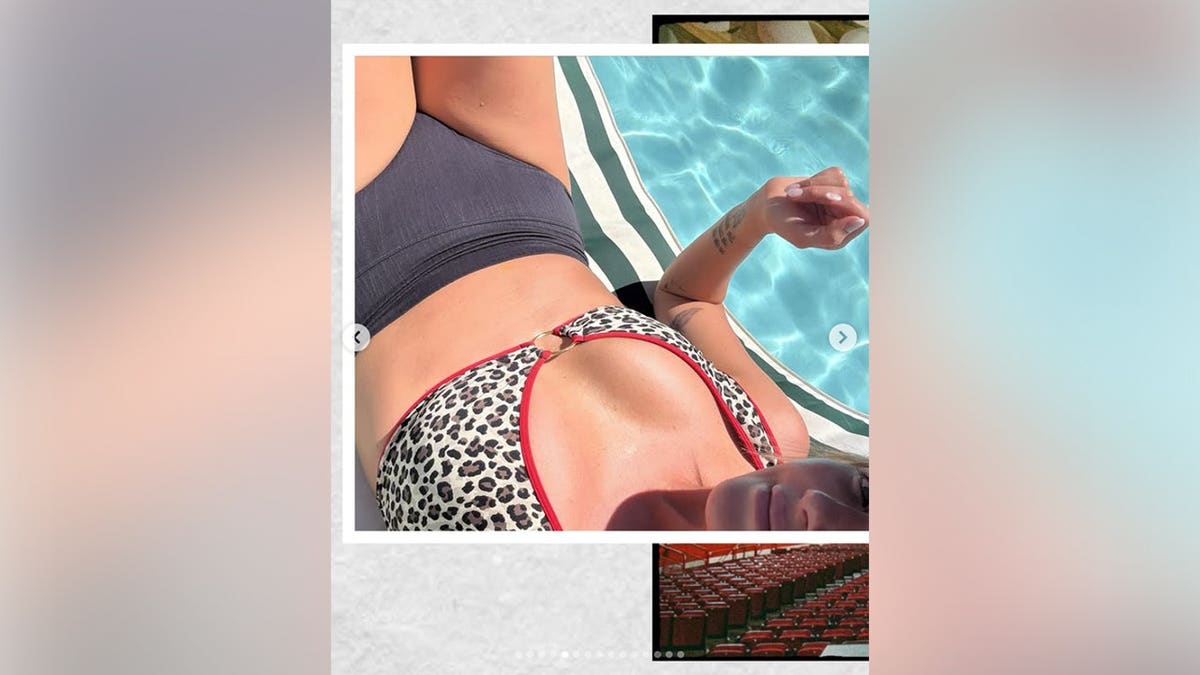 Carly Pearce in a leopard-print bikini top and black bottoms on Instagram.