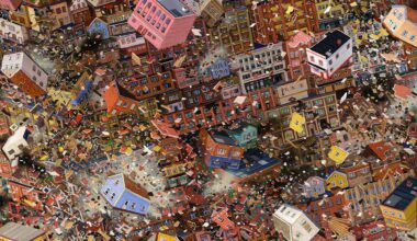 a highly detailed acrylic painting of houses flying through a field of debris