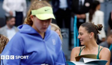 Ukraine's Marta Kostyuk (right) and Russia's Mirra Andreeva in the Madrid Open trophy ceremony