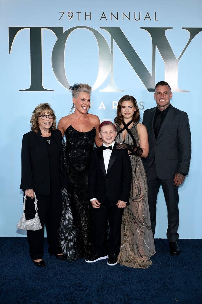 (2nd L-R) Judith Moore, P!NK, Jameson Hart, Willow Hart and Carey Hart attend The 79th Annual Tony Awards