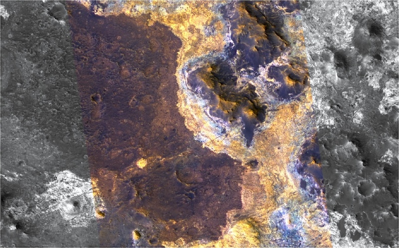 Rosalind Franklin rover: Dark terrain seen from above, with bright band of yellowish terrain cutting through the middle.