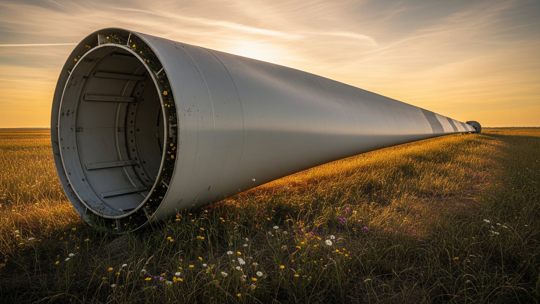 a decommissioned wind turbine blade lying in a field at golden hour, clean energy s