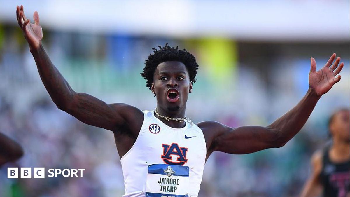 Ja'Kobe Tharp celebrates after breaking the 110m hurdles world record at the NCAA championships in June 2026