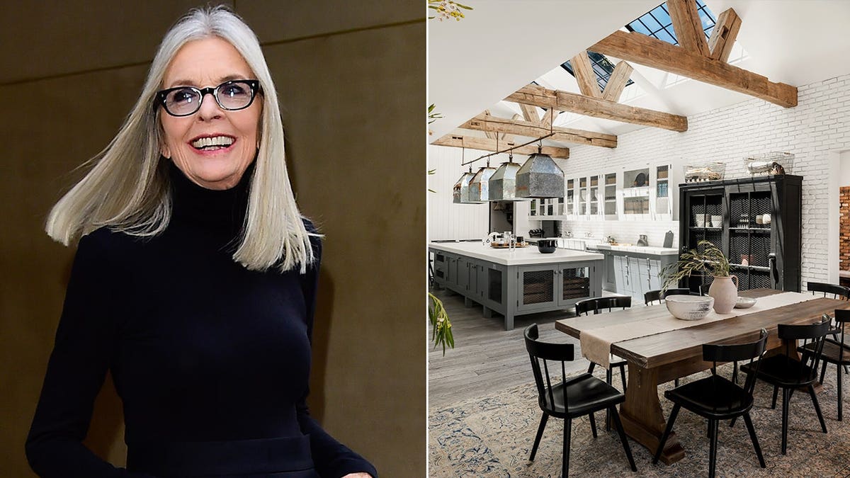 A split image of Diane Keaton and the kitchen and dining room in her former Los Angeles house.