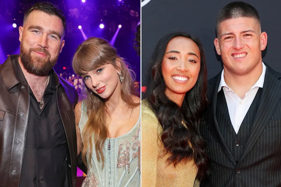 Travis Kelce and Taylor Swift; Kaia Harris and George KarlaftisCredit: Kevin Mazur/Getty(2)