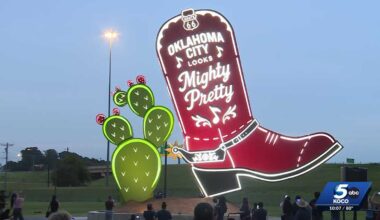 Oklahoma City lights up giant cowboy boot sculpture on Route 66