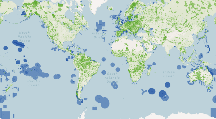 A map showing lots of marine protected areas scattered largely around islands