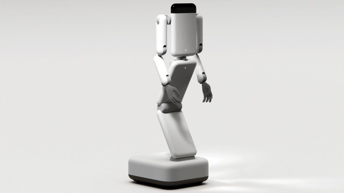Genesis AI's Eno robot stands in front of a blank background.