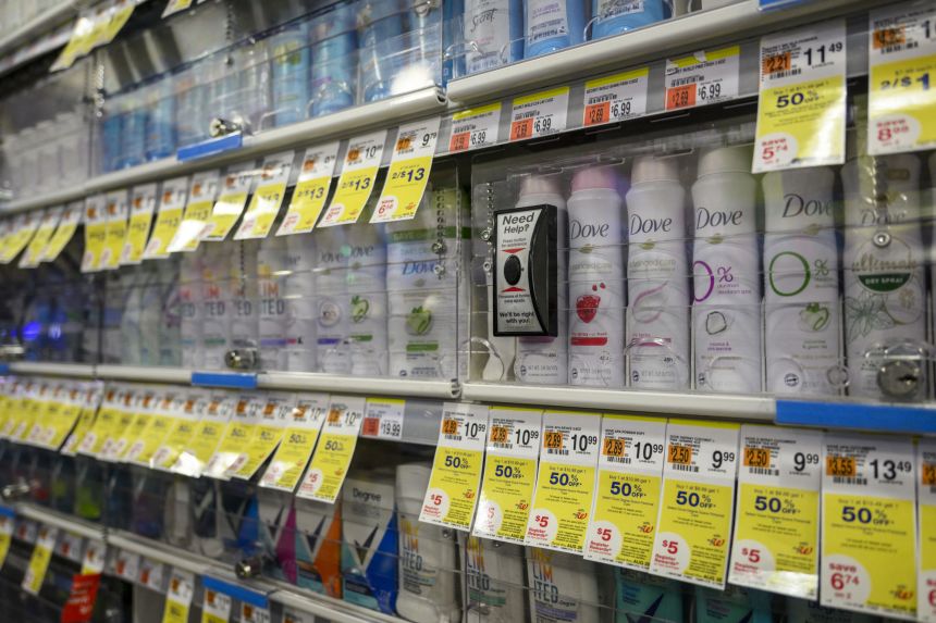 Deodorant products are seen at a Duane Reade drugstore and pharmacy on August 24, 2023 in New York City.