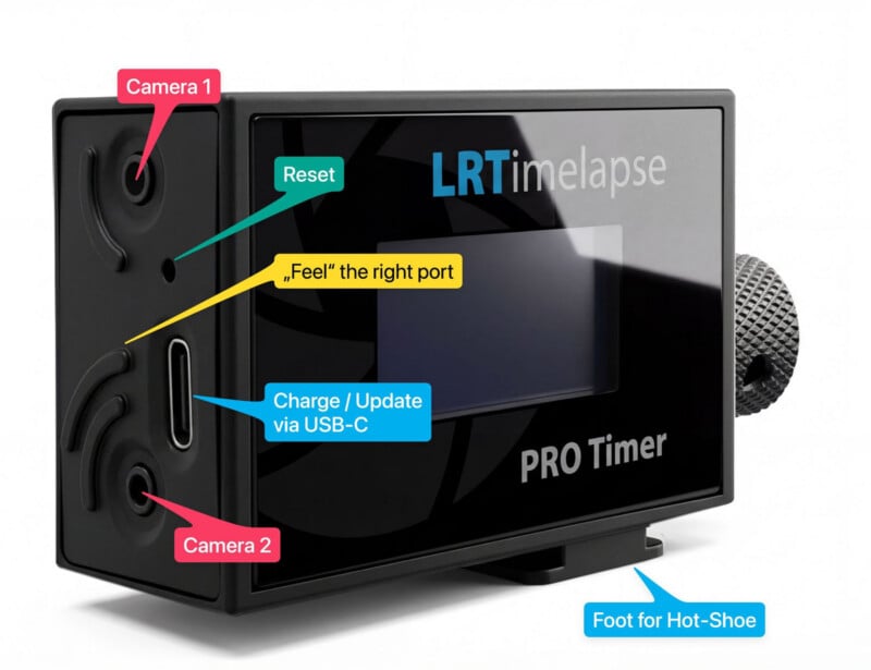 A close-up of an LRTimelapse PRO Timer device with labeled parts: Camera 1 and Camera 2 ports, Reset button, “Feel” the right port label, Charge/Update via USB-C port, and Foot for Hot-Shoe.