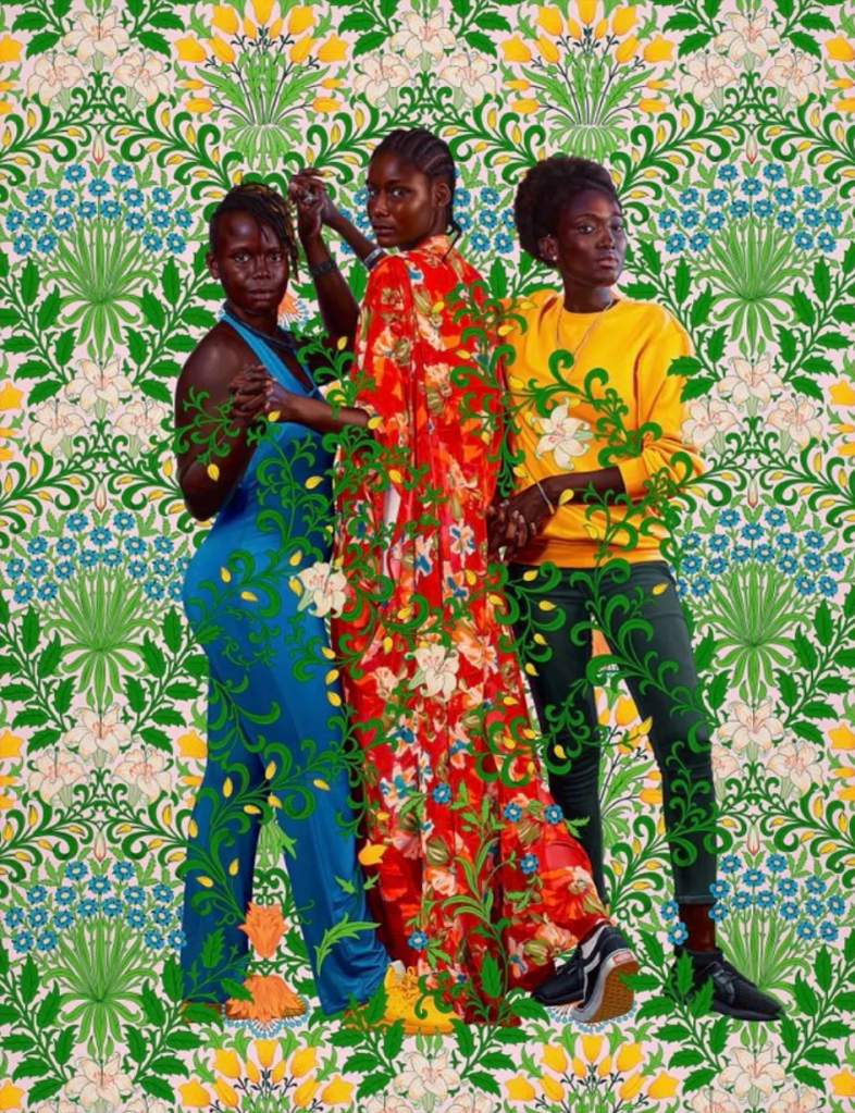 Kehinde Wiley, "The Three Graces (Coumba, Mariama, Rokhaya)," oil on canvas, 2023; Stephen Friedman Gallery, London.