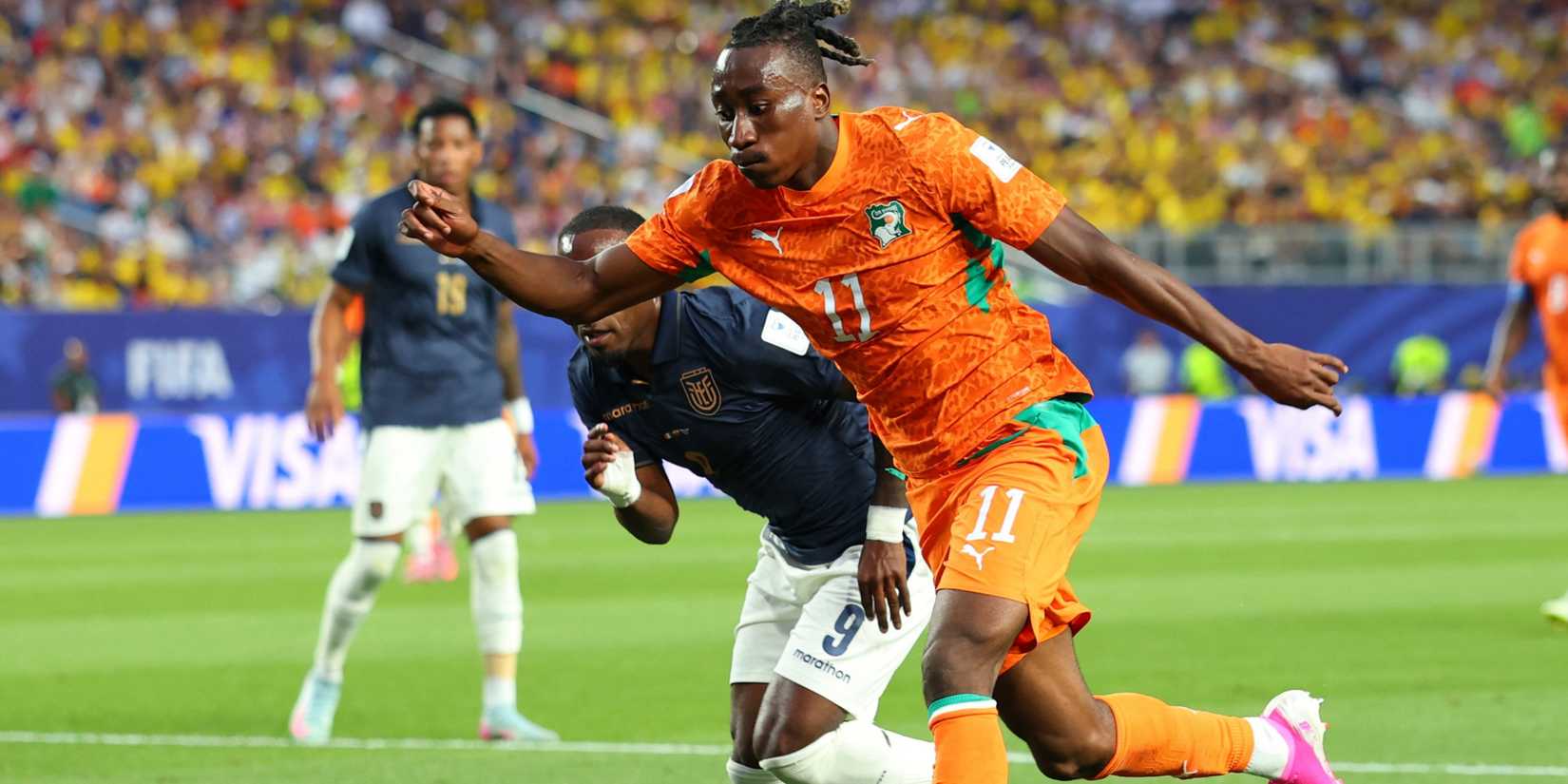 Ivory Coast winger Yan Diomande in World Cup action against Ecuador
