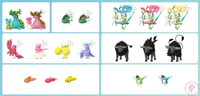 Several regional Pokémon forms in Pokémon Go, showcasing the Pokémon in different color variations.