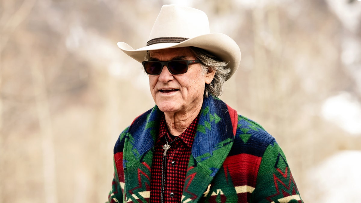 Kurt Russell wearing a cowboy hat and sunglasses at Rio Grande Park in Aspen
