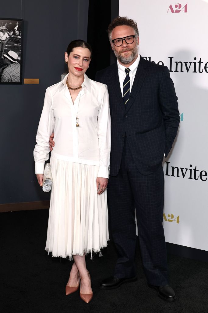Lauren Miller and Seth Rogen attends the Los Angeles premiere of A24's "The Invite" at DGA Theatre on June 24, 2026 in Los Angeles, California. 