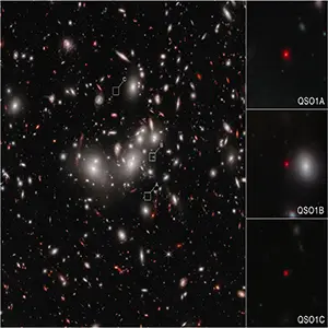 An image from NIRCam on NASA’s James Webb Space Telescope shows Little Red Dot Abell2744-QSO1, magnified and triply imaged by galaxy cluster Abell 2744 (Pandora’s Cluster). Credit: NASA, ESA, CSA, Lukas Furtak (Ben-Gurion University); Image Processing: Alyssa Pagan (STScI)