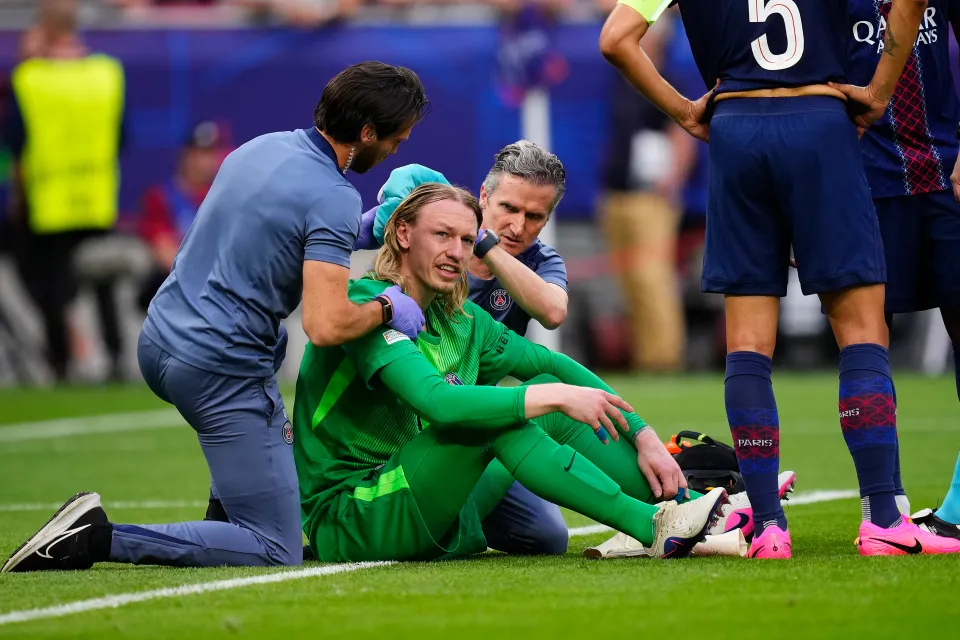 Matvey Safonov goalkeeper of PSG and Russia lies injured on the pitch during the UEFA Champions League Final 2026 match between Paris Saint-Germain and Arsenal FC