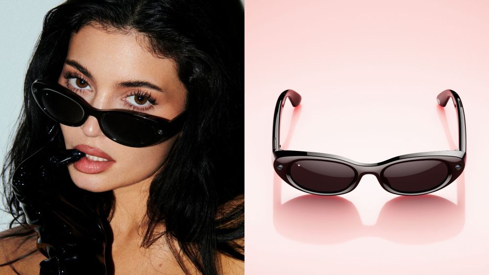 Kylie Jenner wearing new meta AI glasses that she designed; meta starfire glasses kylie edition over pink background; shop meta x kylie smart glasses