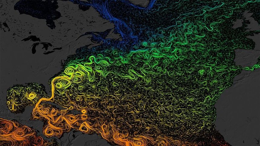 Visualization of ocean currents in the North Atlantic. The colors show sea surface temperature (orange and yellow are warmer, green and blue are colder).