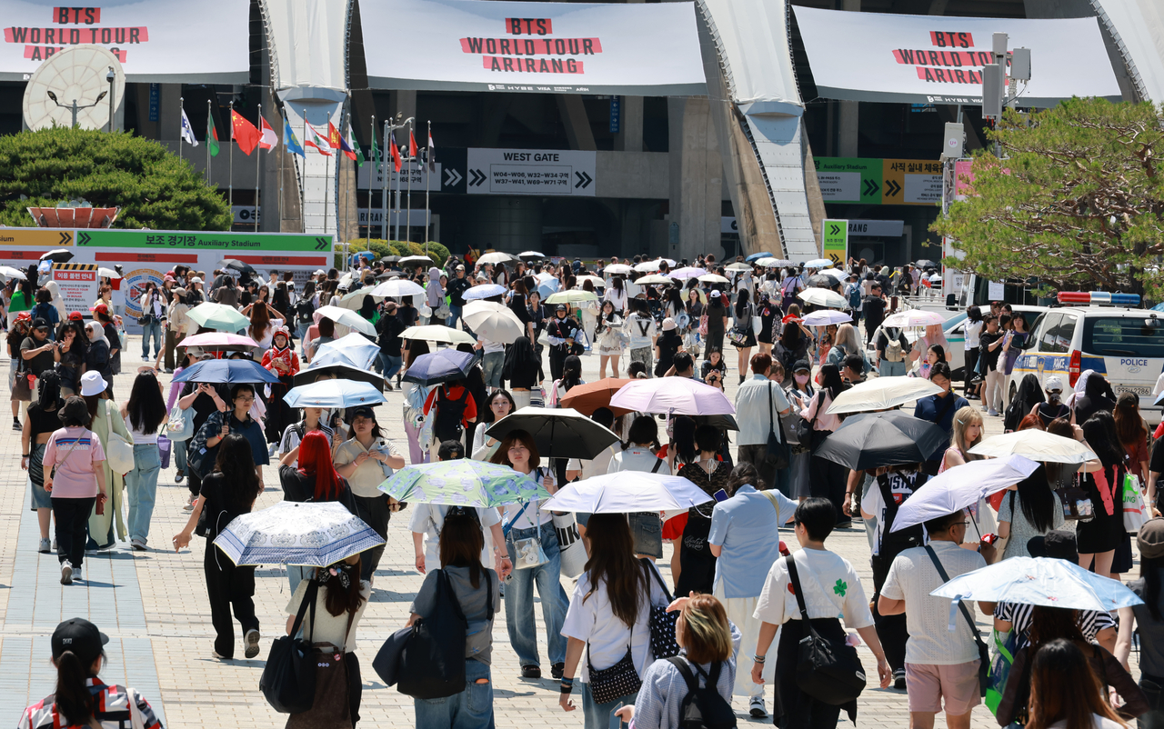 Fans gather outside Busan Asiad Main Stadium ahead of BTS’ "Arirang" concert in Busan on Friday. (Yonhap)