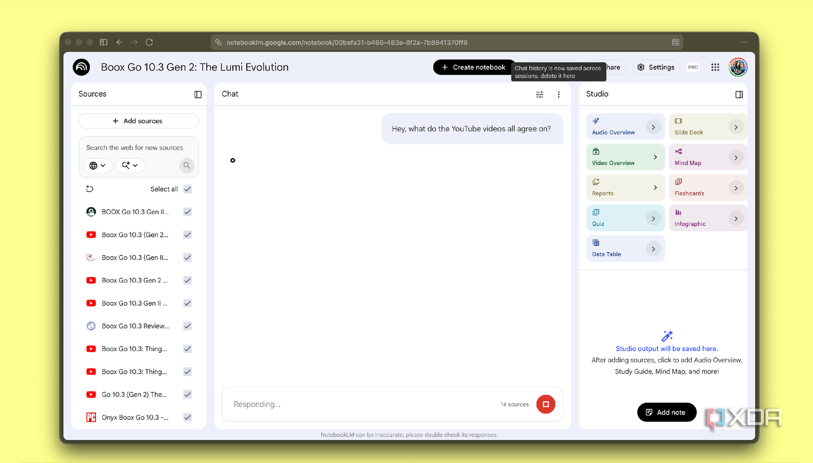 NotebookLM chat answering what do the YouTube videos all agree on about the Boox Go 10.3