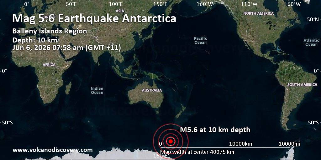Strong Mag. 5.6 Earthquake - Balleny Islands Region on Saturday, Jun 6, 2026, at 07:58 am (GMT +11)