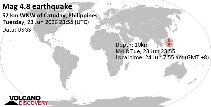 4.8 quake South China Sea, 64 km west of Santiago Island, Philippines, Jun 24, 2026 07:55 am (GMT +8)