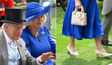 King Charles and Queen Camilla, who wears suede Eliot Zed pumps, at the final day of the 2026 Royal Ascot on Saturday.