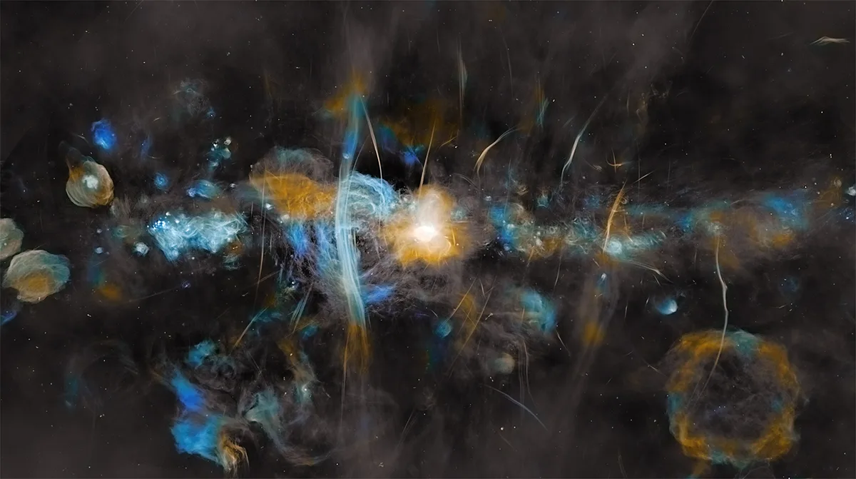 An image of the supermassive black hole at the centre of the Milky Way, captured by the MeerKAT radio telescope. Credit: NASA, ESA, CSA, STScI, SARAO, Samuel Crowe (UVA), John Bally (CU), Ruben Fedriani (IAA-CSIC), Ian Heywood (Oxford)