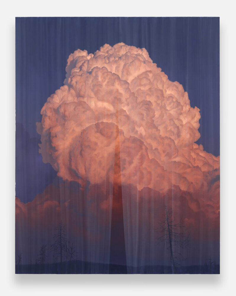 shawn huckins frames painted wildfires and smoke-filled skies behind hyperreal curtains - 3
