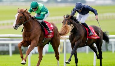 Benvenuto Cellini, ridden by Ryan Moore, on the way to winning the Dubai Duty Free Irish Derby at the Curragh