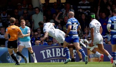 Exeter Chiefs' Christ Tshiunza dives to score his side's first try in their Prem semi-final win over Bath