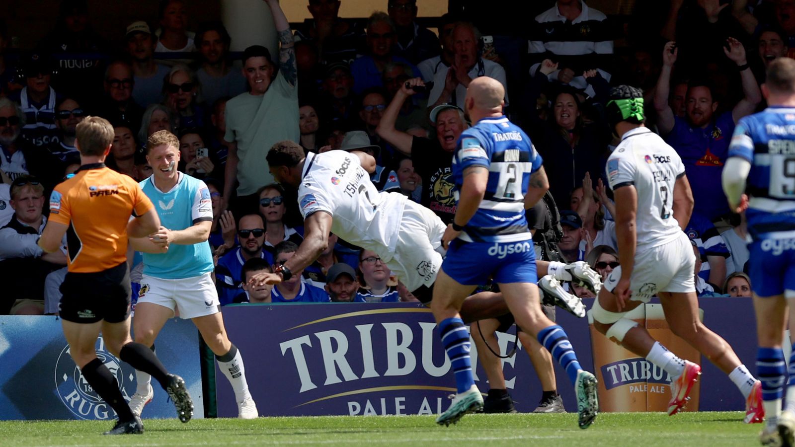 Exeter Chiefs' Christ Tshiunza dives to score his side's first try in their Prem semi-final win over Bath