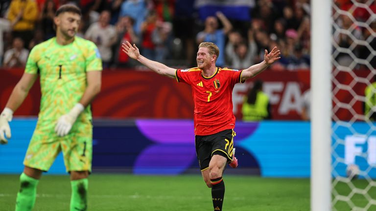 Belgium's Kevin De Bruyne celebrates scoring against New Zealand