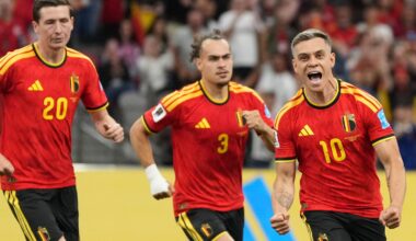 Belgium's Leandro Trossard (10) celebrates after scoring his team's first goal vs New Zealand