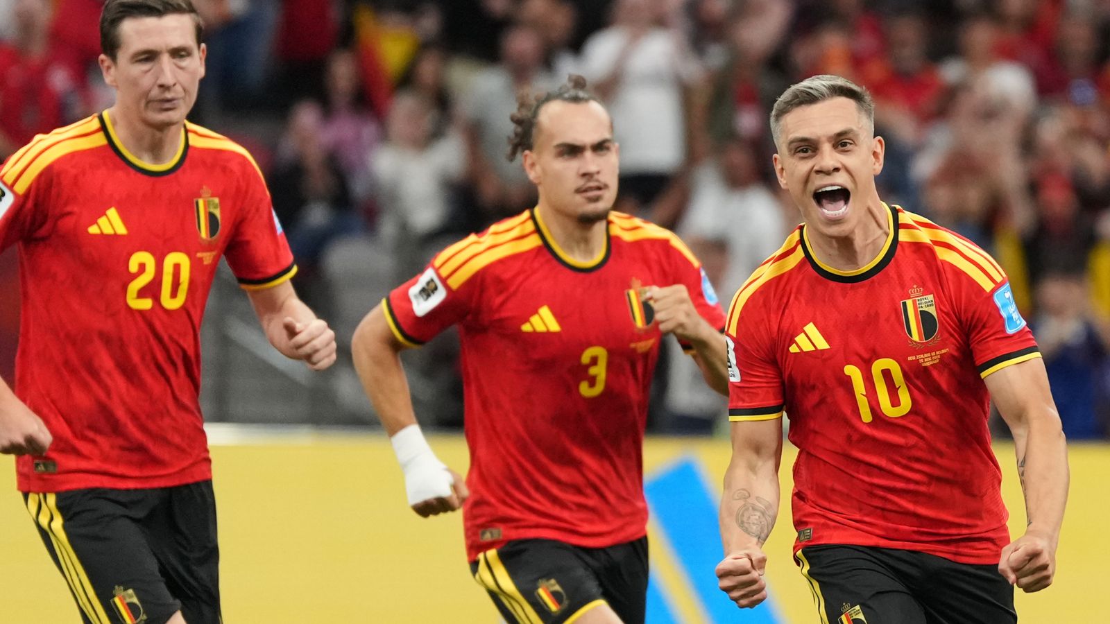 Belgium's Leandro Trossard (10) celebrates after scoring his team's first goal vs New Zealand