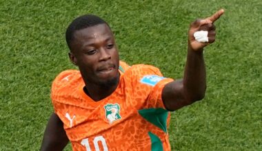 Ivory Coast's Nicolas Pepe (19) celebrates after scoring the opening goal during the World Cup Group E soccer match between Curacao and Ivory Coast in Philadelphia, Thursday, June 25, 2026. (AP Photo/Matt Slocum)
