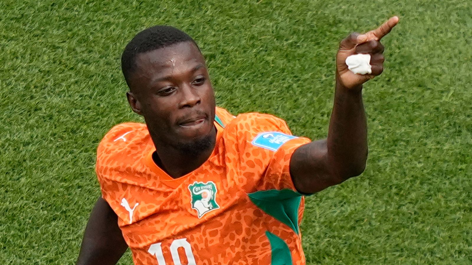 Ivory Coast's Nicolas Pepe (19) celebrates after scoring the opening goal during the World Cup Group E soccer match between Curacao and Ivory Coast in Philadelphia, Thursday, June 25, 2026. (AP Photo/Matt Slocum)