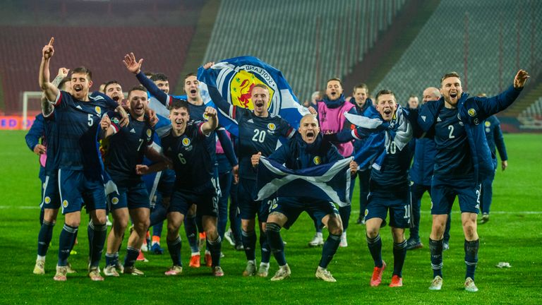 BELGRADE, SERBIA - NOVEMBER 12: Scotland's players celebrate after David Marshall saves Aleksandar Mitrovi..'s penalty during the UEFA Euro 2020 Qualifier between Serbia and Scotland at the Stadion Rajko Mitic on November 12, 2020, in Belgrade, Serbia. (Photo by Nikola Krstic / SNS Group)